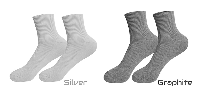 May include: Two pairs of ankle socks, one pair is silver and the other pair is graphite.