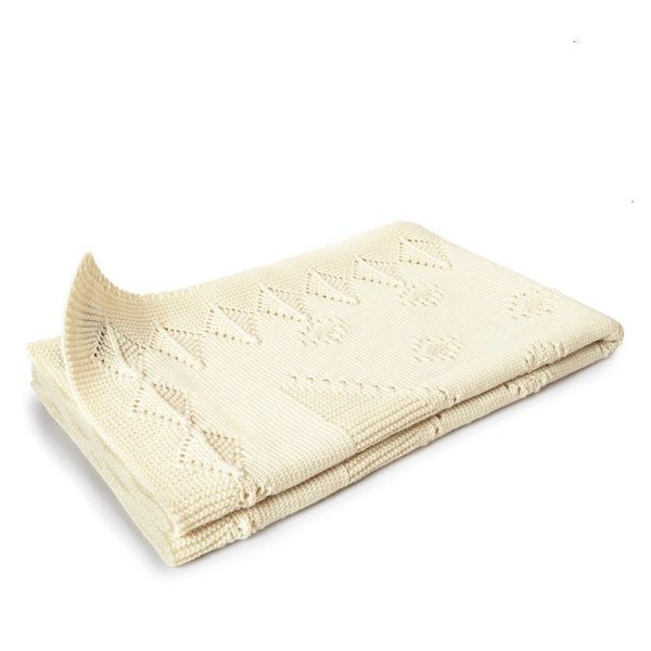 100% Organic Fine Merino Wool Baby Blanket in Ivory Color. Made in Germany. Cable-Knit. GOTs Certified.  35.43"x 31.5". Machine-Washable.