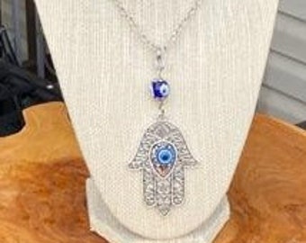 Metal Chain Necklace with Blue Acryclic Bead & Metal Hamsa Pendant. Chakra, Hand of Fatima, Good Luck Charm