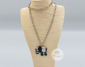 Metal Chain Necklace with Black Elephant Pendant.  Gift for Women