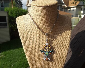 Paper Clip Style Silver Metal Necklace  with Gorgeous Multi-Color Hamsa Pendant.  Gift for Women
