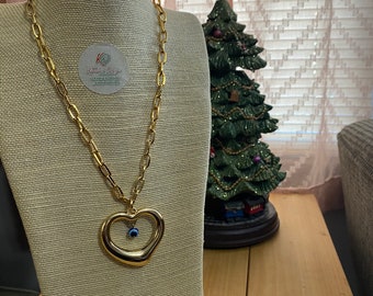 Gold Metal Necklace with Beautiful Heart Shaped Pendant with Greek eye.  Woman-minority owned shop