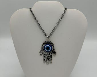 Metal Chain Necklace with Blue Acryclic Bead & Metal Hamsa Pendant. Chakra, Hand of Fatima, Good Luck Charm