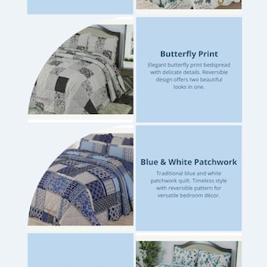May include: A collection of reversible bedspreads. The image showcases handcrafted patchwork quilts and floral bedspreads with double-sided designs. Designs include black and white geometric, butterfly print, blue and white patchwork, blue floral, and pink floral patchwork.