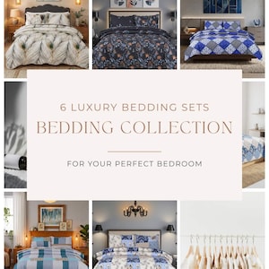 May include: A collection of six luxury bedding sets with diverse patterns, such as floral, geometric, and feather motifs. The image includes the text "6 Luxury Bedding Sets Bedding Collection For Your Perfect Bedroom."