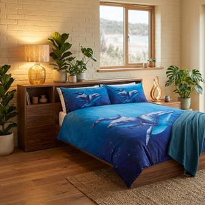 May include: A blue duvet cover set with a dolphin design. The bedding features a detailed illustration of dolphins swimming underwater, with shades of blue and white. The set includes a duvet cover and two pillowcases, creating a marine theme.
