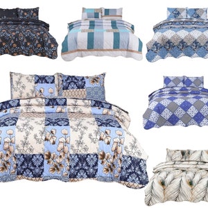 May include: A set of six quilted bedspreads in various blue and white patterns. The bedspreads feature floral, geometric, and paisley designs.