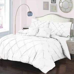 Pintuck White Duvet Cover Set with Pillowcase - Plain Dyed Matching-Colour Fitted Sheet - Hand Stitched Pinch Pleat Quilt Bedding