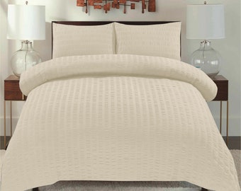 Seersucker Cream Bedding Set Quilt Duvet Cover with Plain Dyed Matching-Color Extra Deep Fitted Sheet & Pillowcases Top Notch Quality