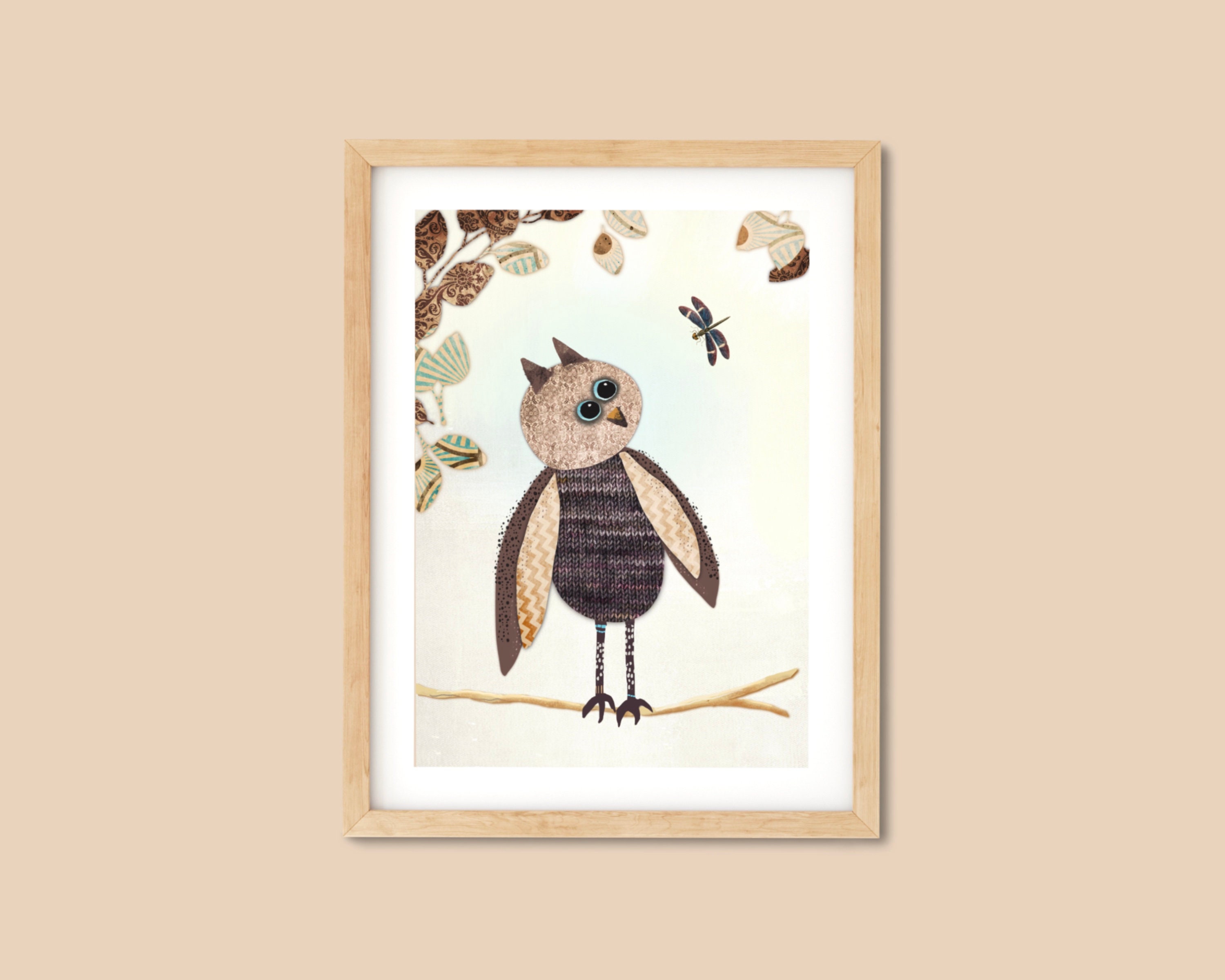 Owl baby bird Printable painting • Brown beige • Bird Art • Greeting Card • Mode