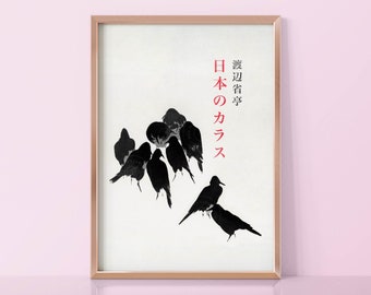 Japanese Crow, Digital Download, Japanese Art Print, Kusama Print, Japanese Vintage Poster, Japanese Bird Wall Decor, Hokusai Art Print