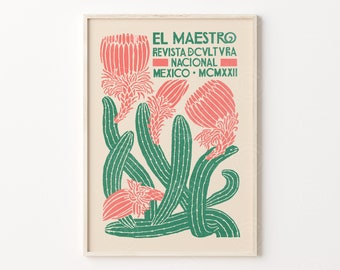 El Maestro Poster, Mexican Vintage Art Print, Mexican Poster, Mexican Vintage Art, Vintage Cactus Art, Mexico City Poster, Mexica Wall Decor