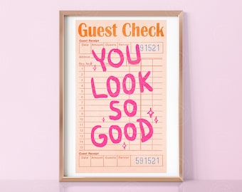 Gast Check Druck, digitaler Download, trendige Wandkunst Gast Check Poster Retro Wand rosa Dekor Bar Warenkorb Kunst trendige druckbare Kunst Preppy Print