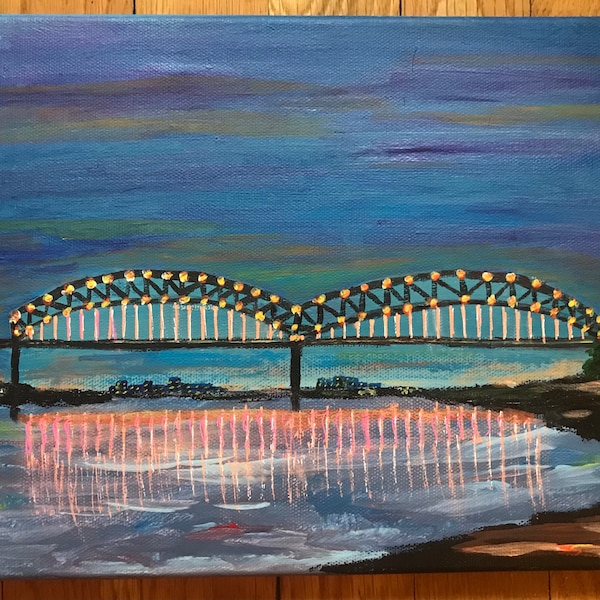 Iconic M Bridge in Memphis, TN.  Part of the Memphis Series. An original Becky Lazzeri acrylic painting on canvas.