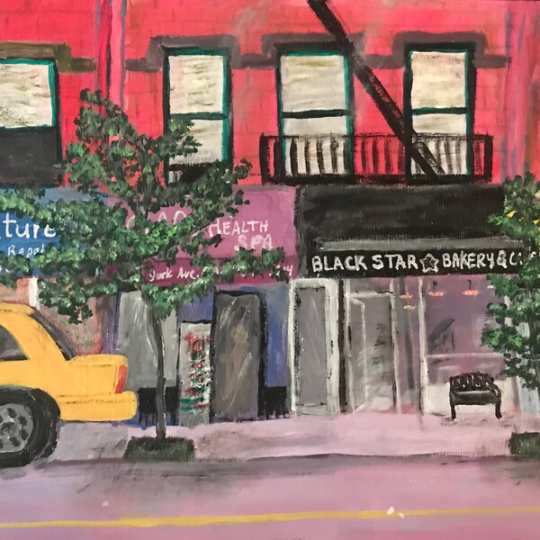 Print of a New York coffee shop cafe in the Upper East Side. Print of a Becky Lazzeri acrylic painting.