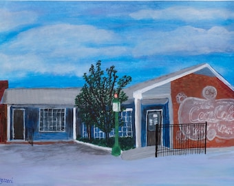 Oby's of Starkville. Part of the Starkville/Mississippi State Series. Unframed print of a Becky Lazzeri acrylic painting