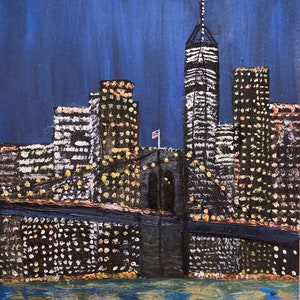 Brooklyn Bridge.  Print of Becky Lazzeri acrylic painting. New York City Skyline.