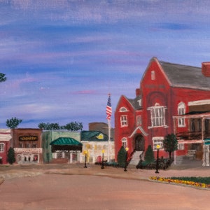 The Square in Oxford, Mississippi. Part of the Ole Miss Series. Unframed print of a Becky Lazzeri acrylic painting