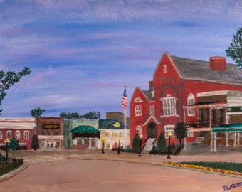 The Square in Oxford, Mississippi. Part of the Ole Miss Series. Unframed print of a Becky Lazzeri acrylic painting