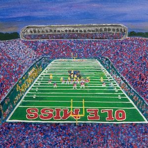 Vaught Hemingway Stadium Oxford, Mississippi.  Part of the Ole Miss Series. Unframed print of a Becky Lazzeri acrylic painting
