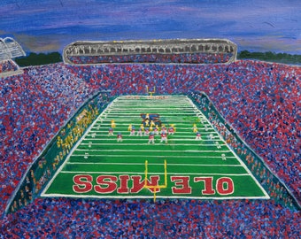 Vaught Hemingway Stadium Oxford, Mississippi.  Part of the Ole Miss Series. Unframed print of a Becky Lazzeri acrylic painting