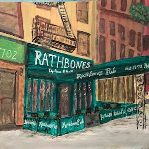 Print of Rathbones Sports Bar on the Upper East Side NYC. Print of a Becky Lazzeri acrylic painting.