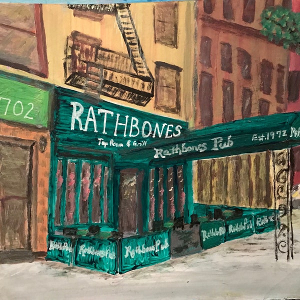 Print of Rathbones Sports Bar on the Upper East Side NYC. Print of a Becky Lazzeri acrylic painting.