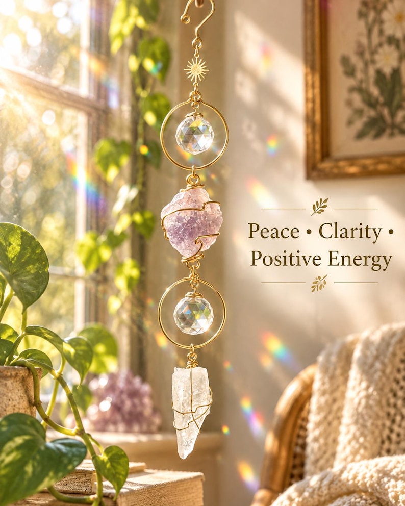 May include: A hanging suncatcher ornament featuring a gold-toned metal chain with a sun charm, two clear faceted crystal spheres inside gold rings, a raw purple amethyst stone, and a clear quartz point, all wrapped in gold wire with text Peace Clarity Positive Energy.
