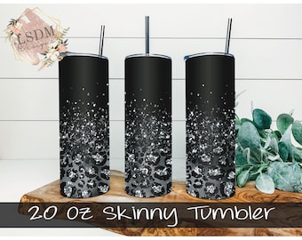 Black Glitter Leopard Tumbler Wrap, 20 oz Skinny