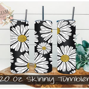 HAND DRAWN White Daisy Tumbler Wrap, 20 oz Skinny