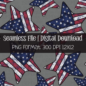 K&ouml;nnte beinhalten: Ein nahtloses digitales Muster mit roten, wei&szlig;en und blauen Sternen in einem abgenutzten, Vintage-Look. Die Sterne sind in einem sich wiederholenden Muster auf einem grauen Hintergrund angeordnet. Der Text "Seamless File | Digital Download PNG Format 300 DPI 12X12" wird am unteren Rand des Bildes angezeigt.
