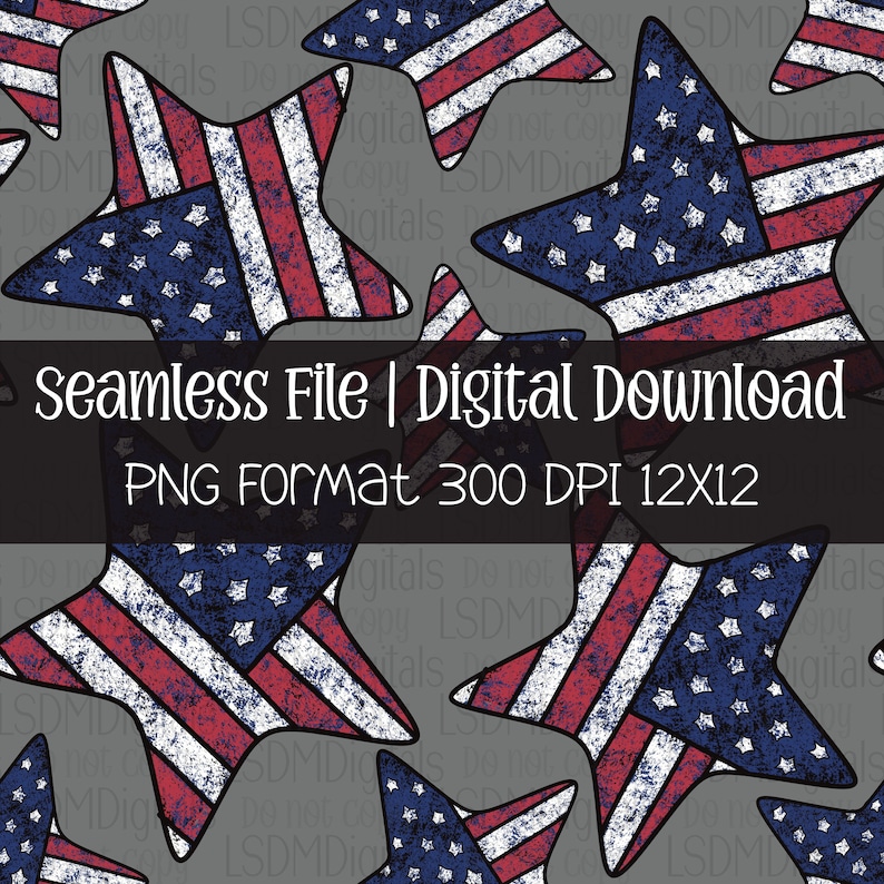 K&ouml;nnte beinhalten: Ein nahtloses digitales Muster mit roten, wei&szlig;en und blauen Sternen in einem abgenutzten, Vintage-Look. Die Sterne sind in einem sich wiederholenden Muster auf einem grauen Hintergrund angeordnet. Der Text "Seamless File | Digital Download PNG Format 300 DPI 12X12" wird am unteren Rand des Bildes angezeigt.