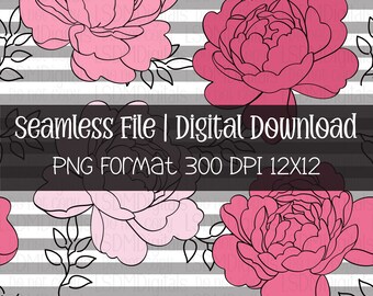 Pink Peony Stripes | HAND DRAWN | Floral png | Seamless File | Digital Download