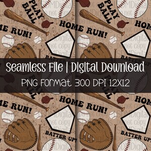 May include: A seamless digital paper pattern featuring baseball-themed illustrations. The pattern includes baseballs, bats, gloves, home plate, and text that says "Play Ball", "Home Run", and "Batter Up". The background is a light brown with a distressed look.