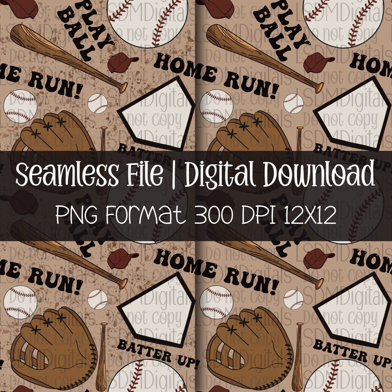 May include: A seamless digital paper pattern featuring baseball-themed illustrations. The pattern includes baseballs, bats, gloves, home plate, and text that says "Play Ball", "Home Run", and "Batter Up". The background is a light brown with a distressed look.