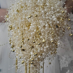 Celestial Ivory Pearl Waterfall Bridal Bouquet,Cascading Bouquet,Wedding Bouquet With Stars