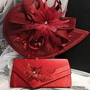 Wine Red Floral Hat & Satin Clutch Bag Set: Formal Occasion Accessories