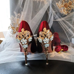 Burgundy Wine Red Satin Bridal Shoes carved Floral Heel Pumps for Formal Event elegant Gothic Wedding Heels for Bride or Bridesmaid Etsy