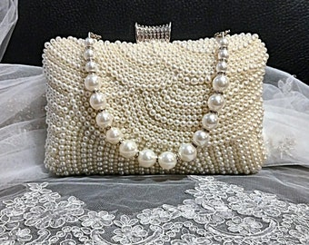 Ivory Pearl Bridal Clutch: Wedding Purse with Pearl Strap