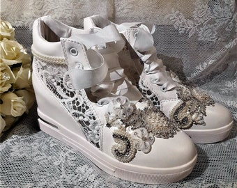 White Bridal Shoes,Wedding Wedges,Decorated Sneakers