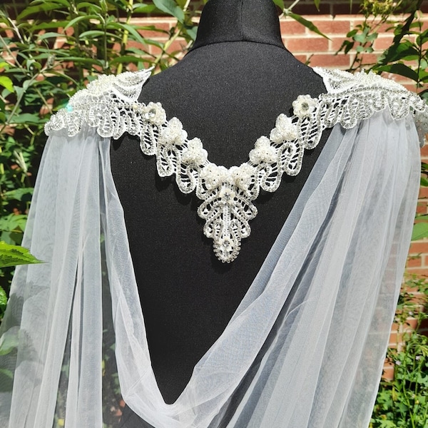 Off-white Wedding Cape Veil,Embellished Cloak,Cathedral Wrap