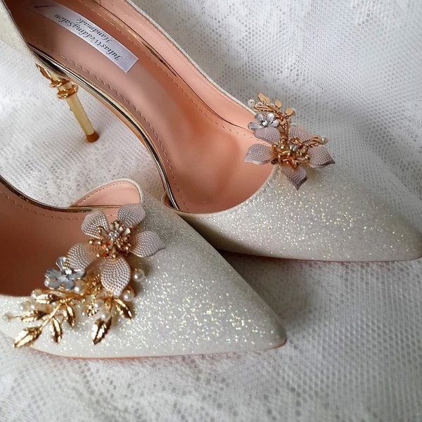 Elegant Wedding Shoe Clips with Gold Flower Accents - Bridal Shoe Accessories