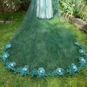 Emerald Green Wedding Cape Veil: Floral Applique Bridal Coverup with Gold Dust