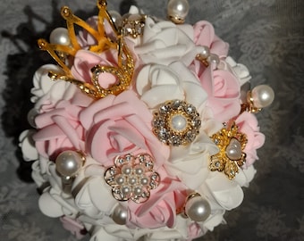 Pink Brooch Bridal Bouquet: Artificial Flower Sparkle