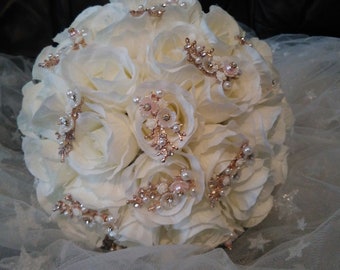 White Silk Rose Wedding Bouquet with Rose Gold Brooches