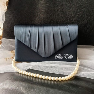 Personalised Navy Blue Satin Evening Clutch Bag,Dark Blue Handbag For Bride Or Bridesmaid,Formal Event Purse With Pearl Handle For Ladies