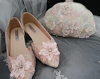 Light Pink Floral Flat Shoes and Clutch Bag Set: Formal Event Footwear