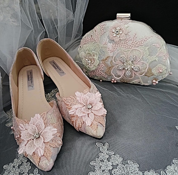 Light Pink Floral Flat Shoes and Clutch Bag Set: Formal Event