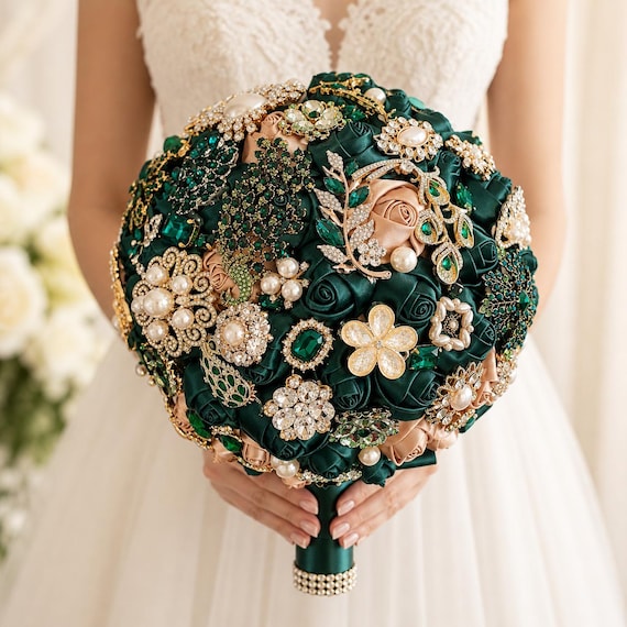 flower bouquet for emerald green dress Brooch Wedding Bouquet: Satin Rose Bridal gothic dresses for women