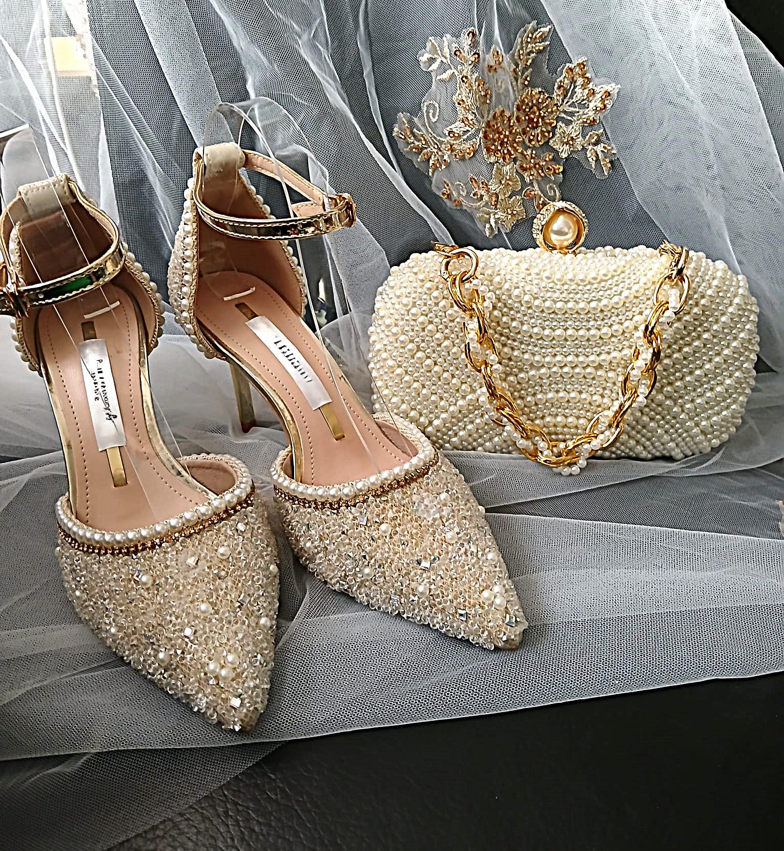 Low Heel Gold Shoes With Matching Bag Gold Shoes For Wedding Luxury  Champagne Golden Crystal Wedding, image size:1530x1660